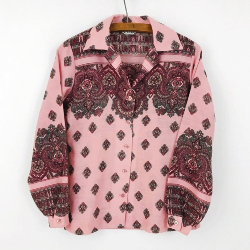 Vintage Boho 70s Button Down Shirt Pink Paisley
